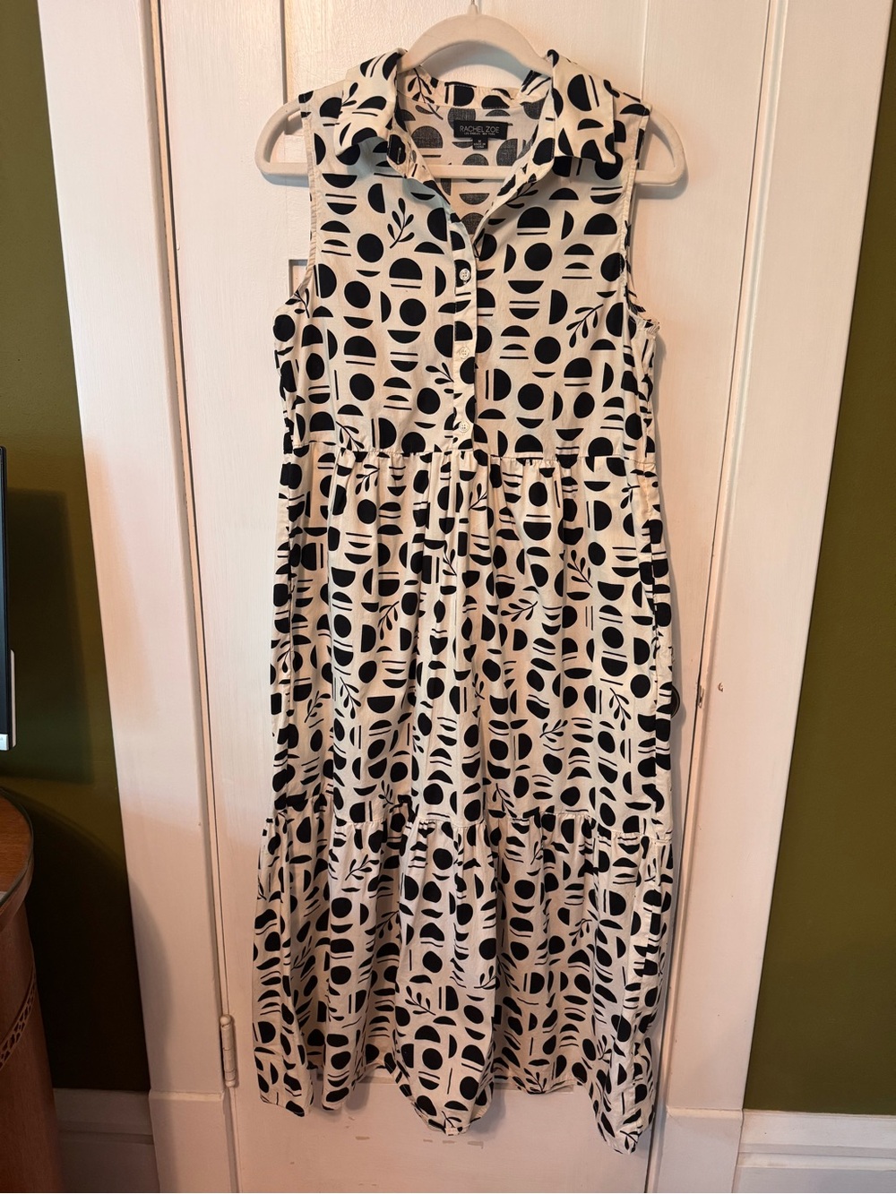 Rachel Zoe Sleeveless Black & White Geometric Tiered Midi Dress - Size M